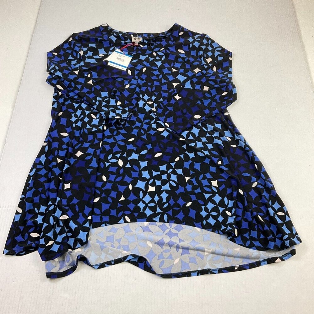 Anne Klein Tunic Blouse Printed 3/4 Sleeve Stretch Top High Low Hem Size XL NEW